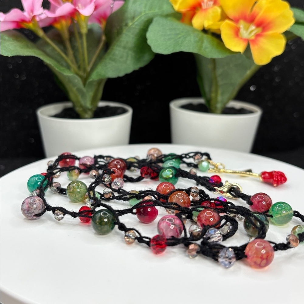 Handmade Rose Pendant Crochet Necklace | Dyed Agate & Glass Beads Adjustable 20” - Picture 6 of 8